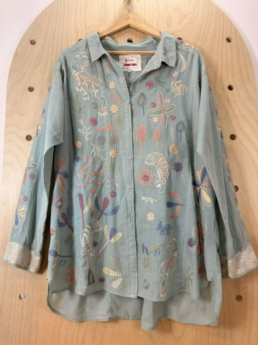$205 Johnny Was Biya Cosimia Boho Chic Floral Jungle Button Down Mint Top XL - Picture 5 of 15